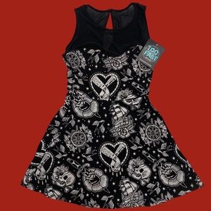 TOO FAST Tattoo Love Skater Dress Heart Mesh Neckline Retro Nautical Skull NWT